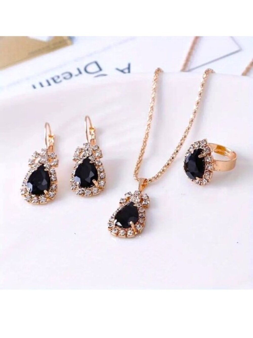 Neckalce Earrings Ring Rhinestone 4pc Set Pear Elegant Stunning Hollywood Glam
